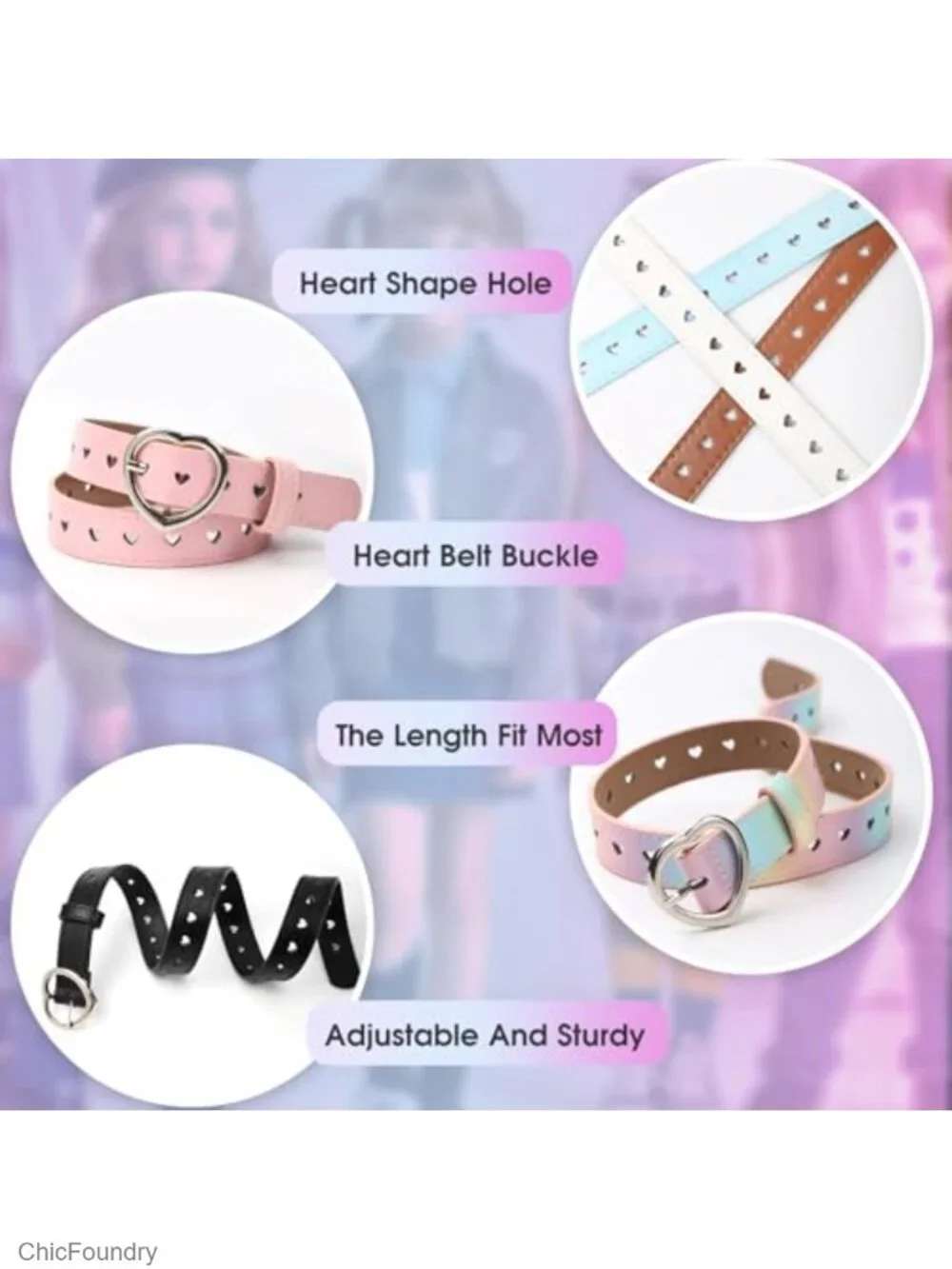 Girls Leather Belts 5 Pack Heart Buckle Adjustable PU Leather Stretch Belt